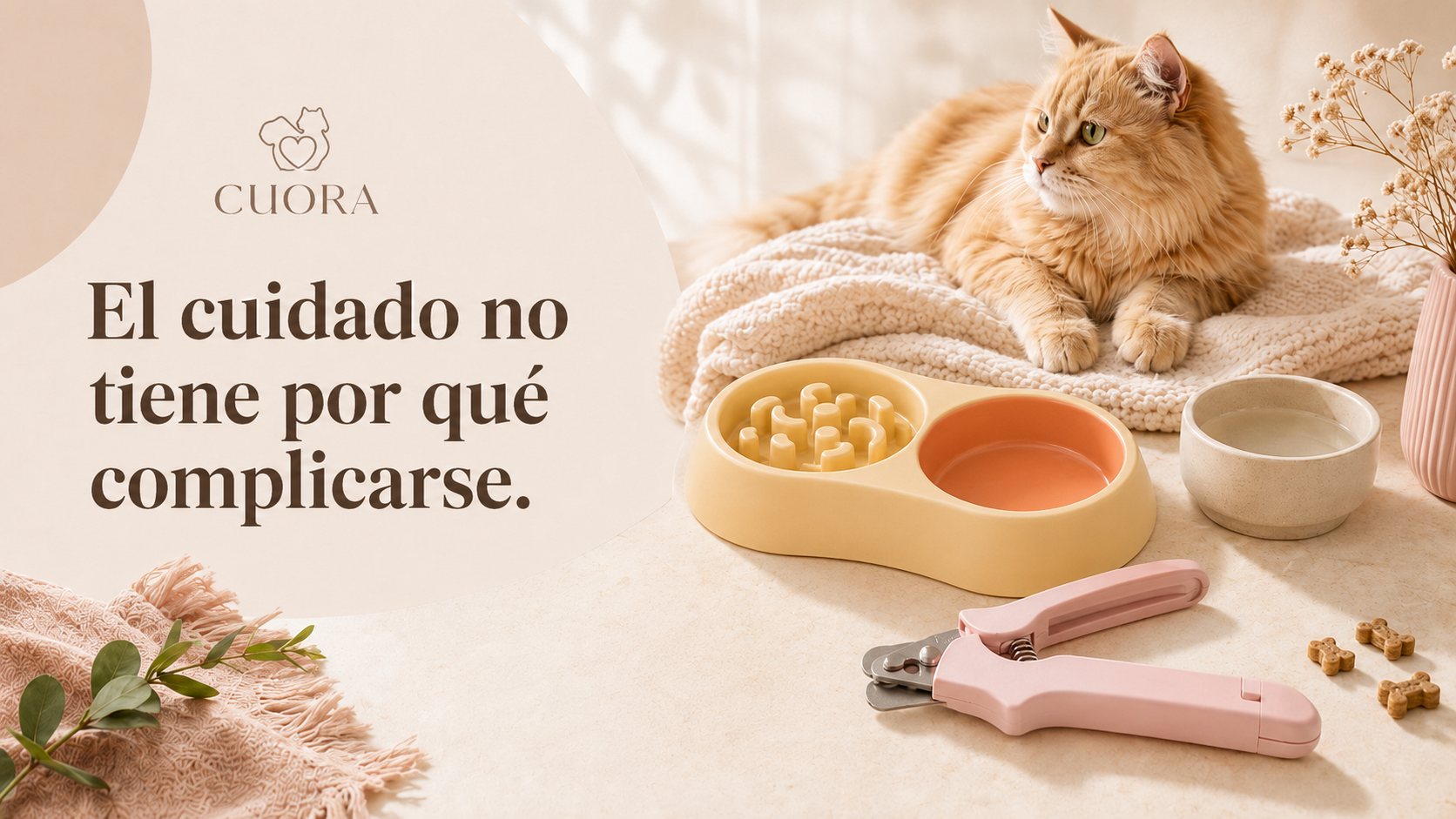 Cuora — El cuidado no tiene por qué complicarse. Gato con comedero lento y cortaúñas LED