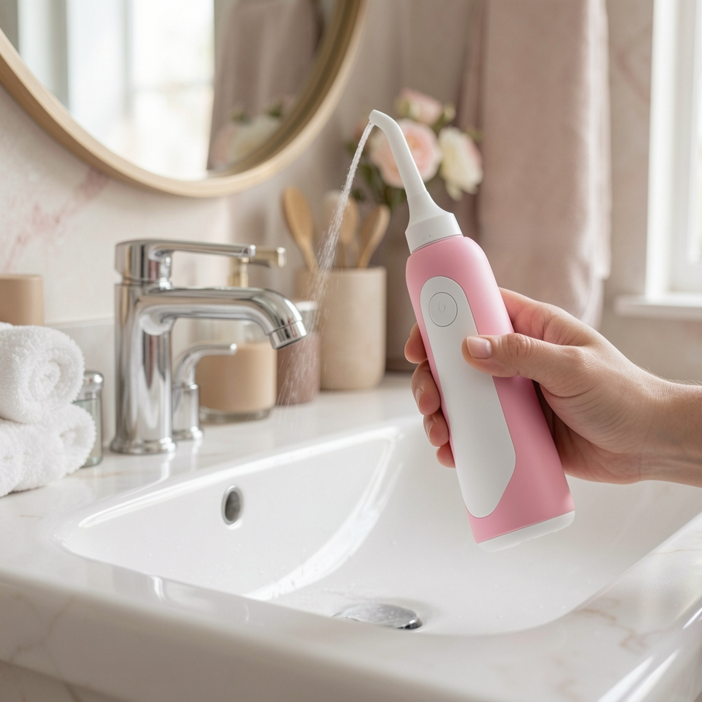 Irrigador Dental Cuora en uso, chorro de agua